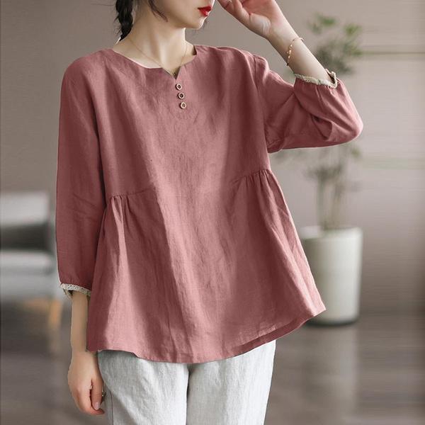 Women Loose Casual Blouse Cotton Solid Color V Neck Summer Half Sleeve T-shirt Plus Size