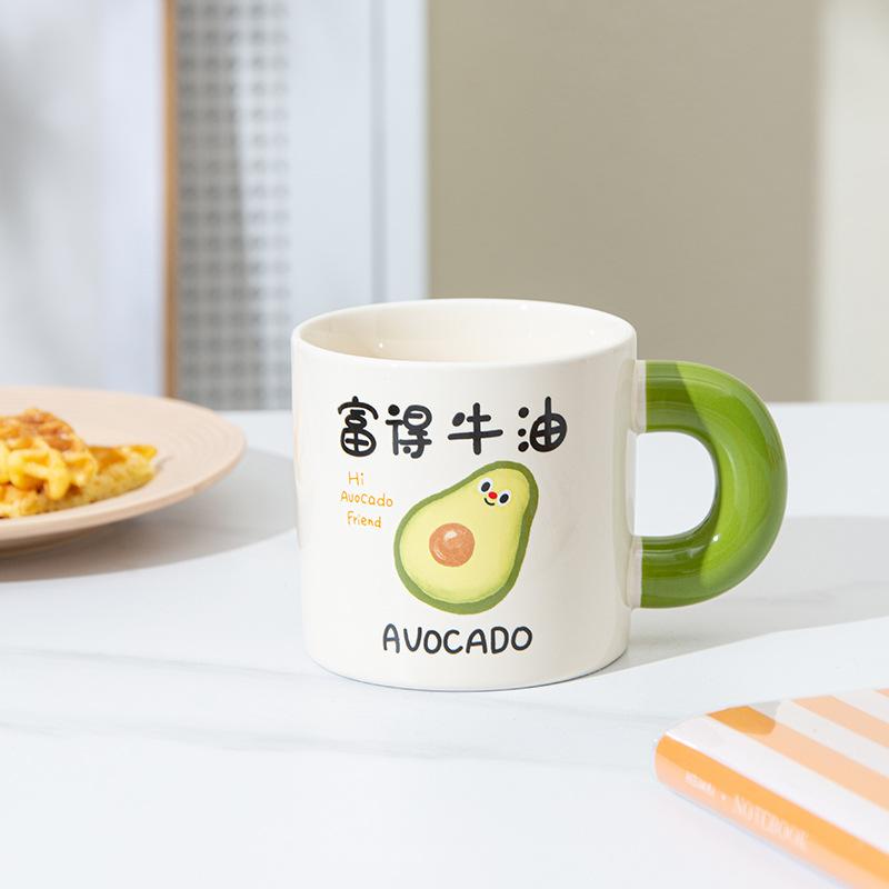 Cartoon fruit ceramic mug, high-value coffee cup with lid spoon, blessing text, gift water cup for girls