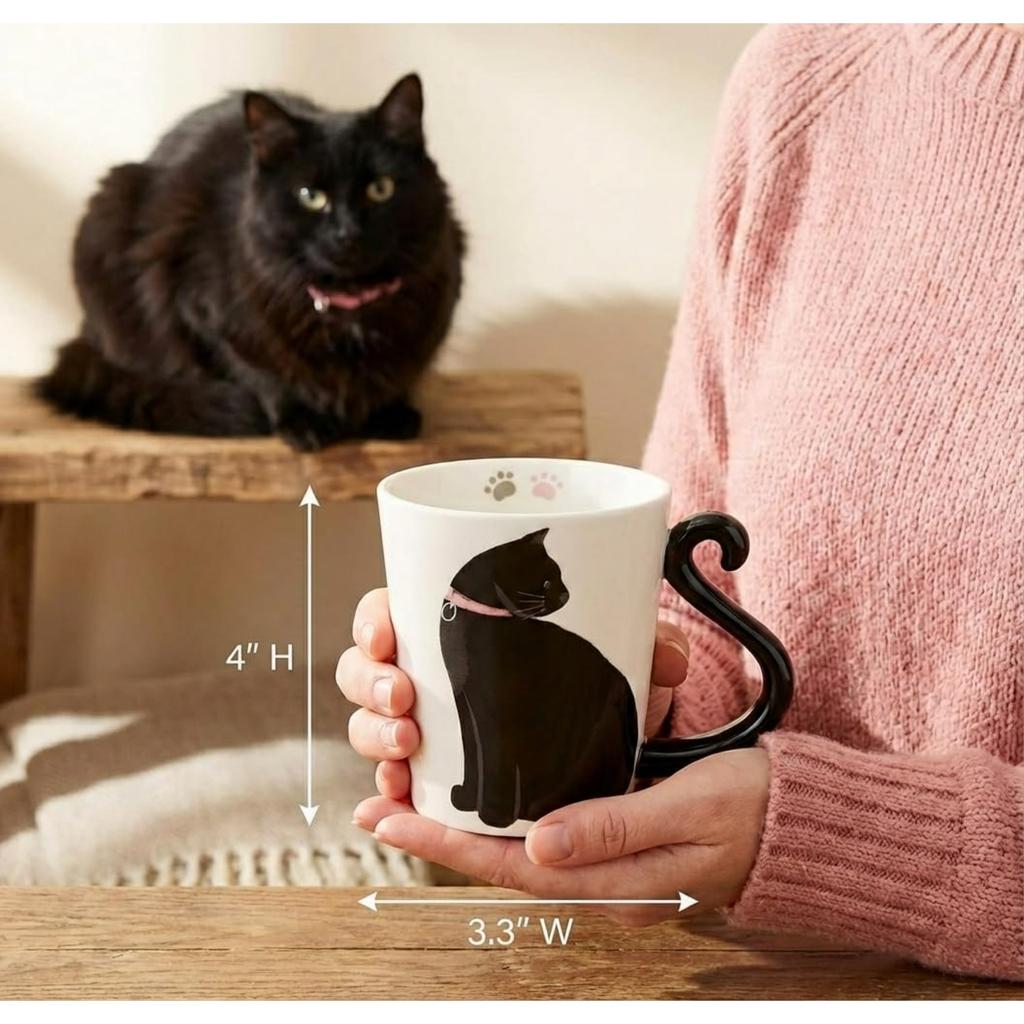 VOTUM Black Cat Coffee Mug,12 Oz Ceramic Tea Cup with Tail Handle and Paw Prints Inside — Cute Handmade Gift for Feline Lovers,Women