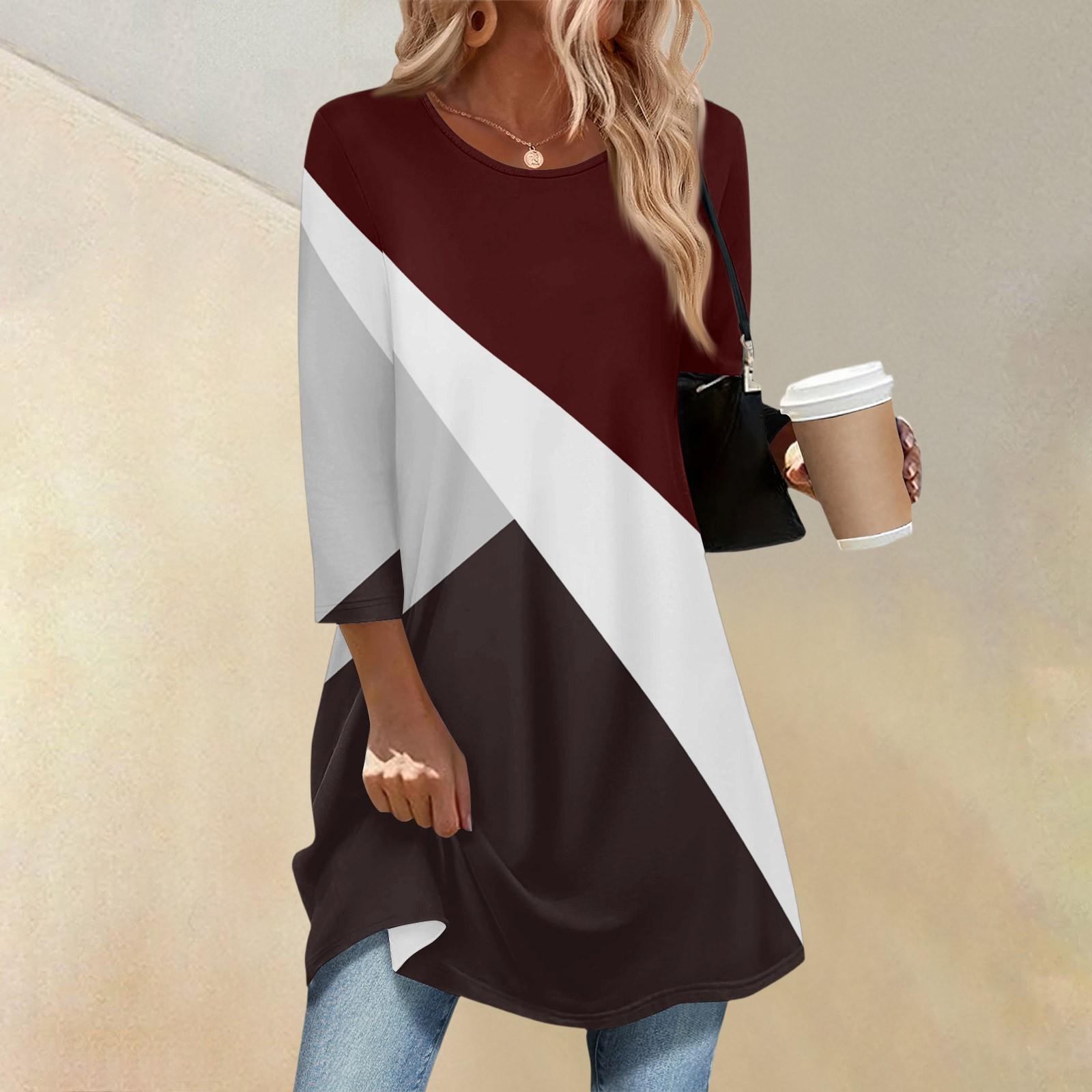 

Women s Fashion Casual Three-quarter Sleeve Long Geometric Stripe Printed Round Neck Top L