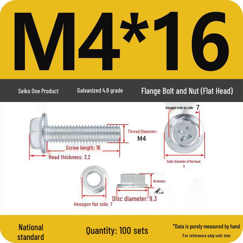 4.8 Grade Galvanized Hex Bolt Set with Anti-slip Washer & Nut, Cross Flange Head, M4/M5/M6/M8mm