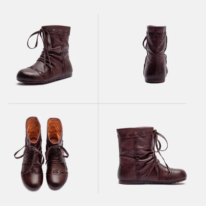 Johnature Genuine Leather Pleated Round Toe Short Boots Retro Soft Soled Versatile Women's Shoes