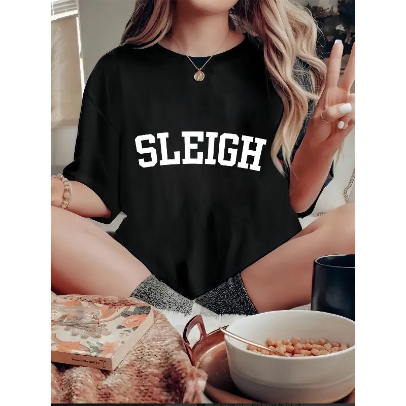 

Sled Letter Pattern Print Women s Fashion Trend Short Sleeve, Simple Casual Sport T-Shirt, Comfortable Holiday Summer Top S чёрный