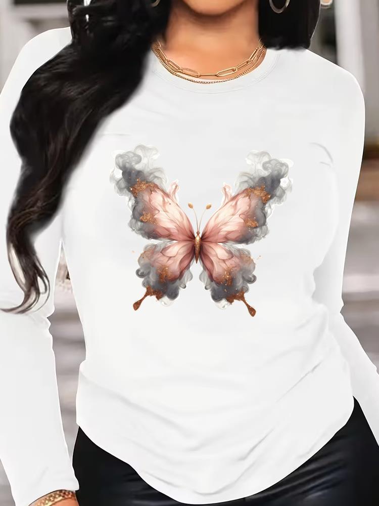 (Asian Size) Tee O-neck Print Autumn Winter Spring Women Clothing 90s Butterfly Trend Casual Long Sleeve T Shirt Fashion Top Graphic T-shirts