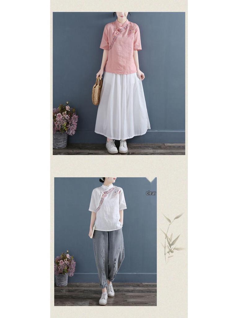 2023 Summer Women's Retro Cotton Linen Shirt with Frog Button & Embroidery