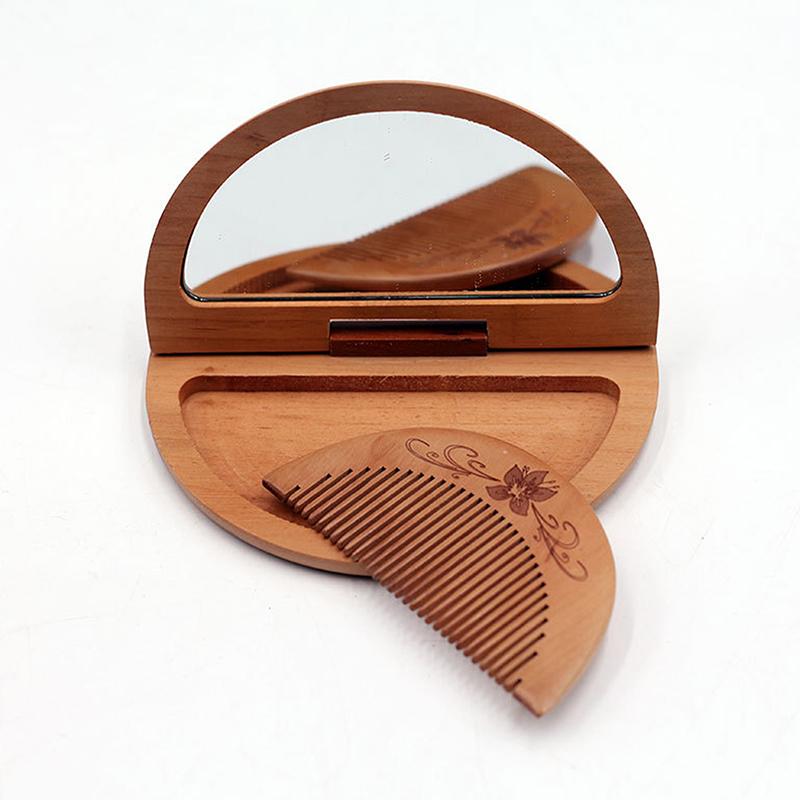 

Прочный набор 2 в 1: деревянная расческа и зеркало. Мини-винтажное зеркало для макияжа из персикового дерева, прямоугольное, портативное, складное. Для девушки, леди.