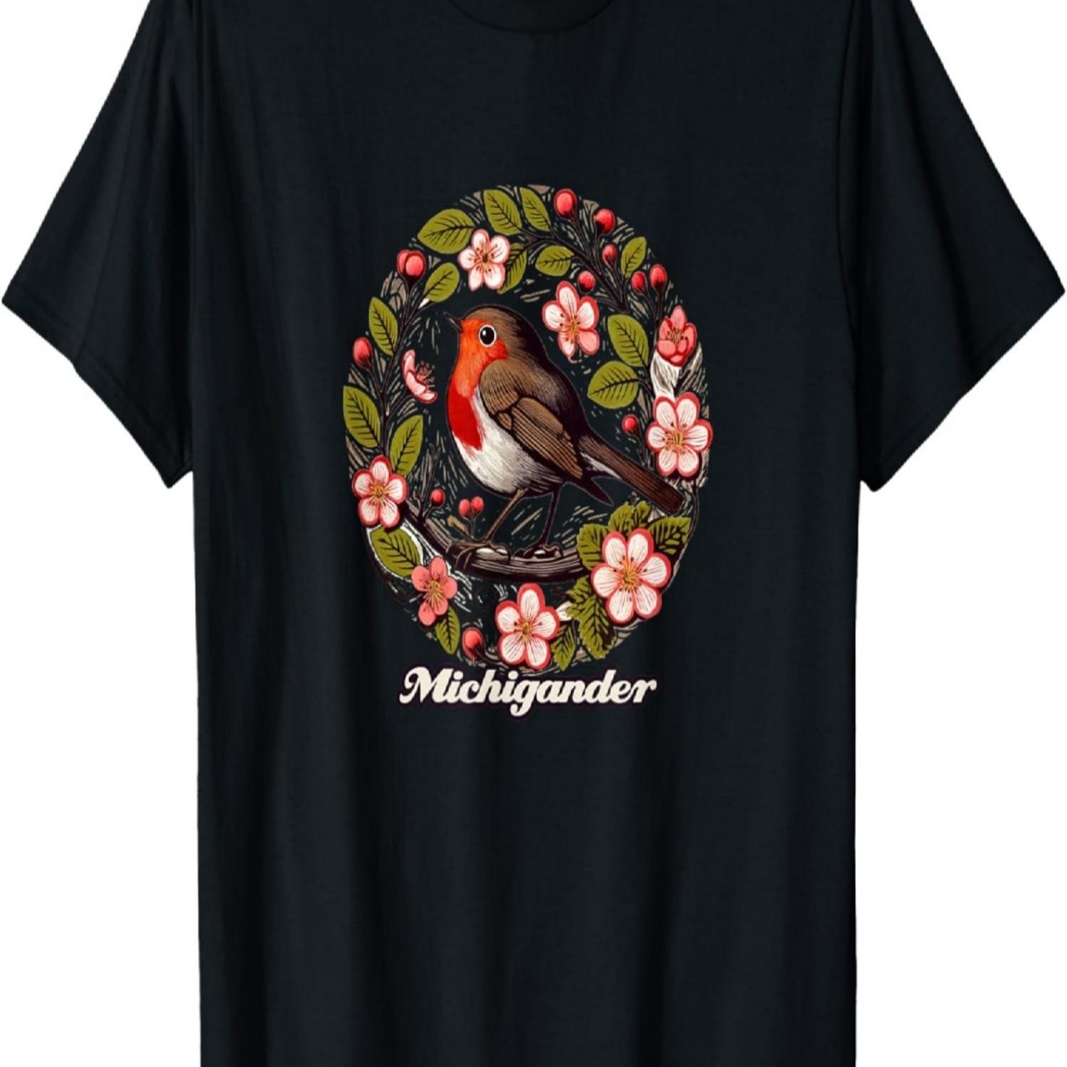 Michigander State Bird Art Cherry Blossom and Robin Michigan T-Shirt S чёрный