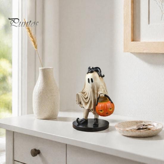 Statua di Fantasma con Zucca Statuetta Vintage di Halloween, Statuetta Spettrale Carina in Resina Collezione Artistica da Scrivania Secchio e Gatto Nero per Interni