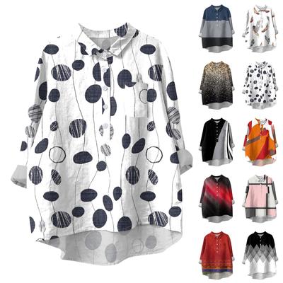 Blusa de mujer con cuello de camisa irregular y manga larga con botones estampados informales