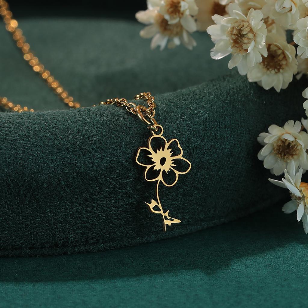Kinitial Birth Flower Necklaces For Women Girls Stainless Steel 12 Month Flower Necklaces Birthday Jewelry Gift
