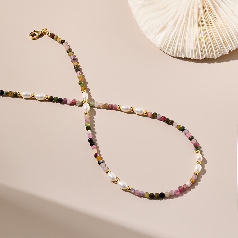 

Красочное ретро ожерелье из турмалина и пресноводного жемчуга во французском стиле