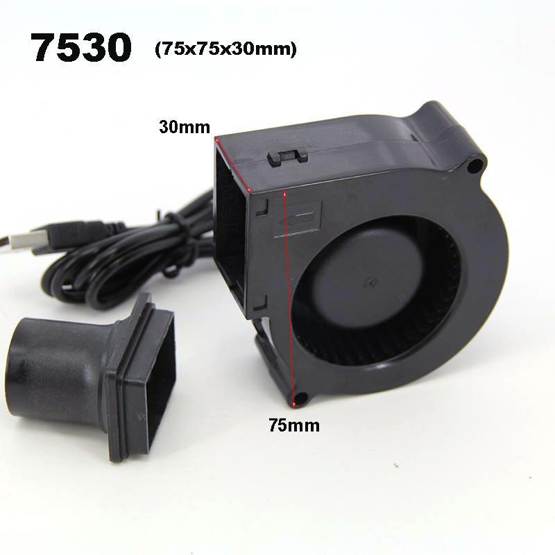 Výkonný 75mm chladicí turbo ventilátor 7530 s DC kabelem 5V a USB pro grilování na dřevěných kamnech BBQ