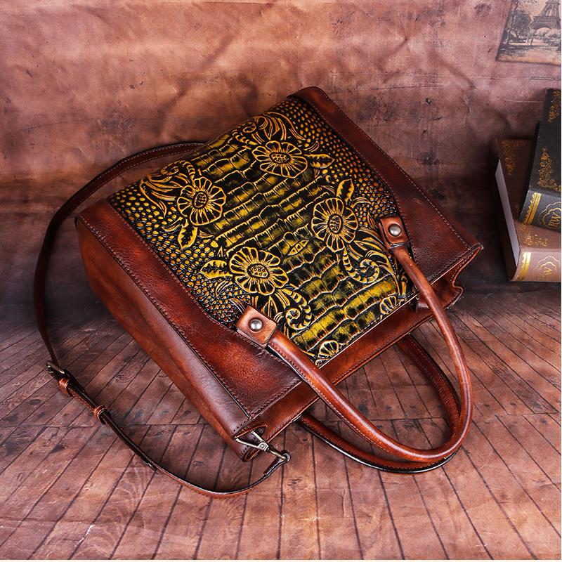 Johnature Retro Genuine Leather Handmade Women Bag First Layer Cowhide Large Capacity Handbag Embossed Shoulder Bags