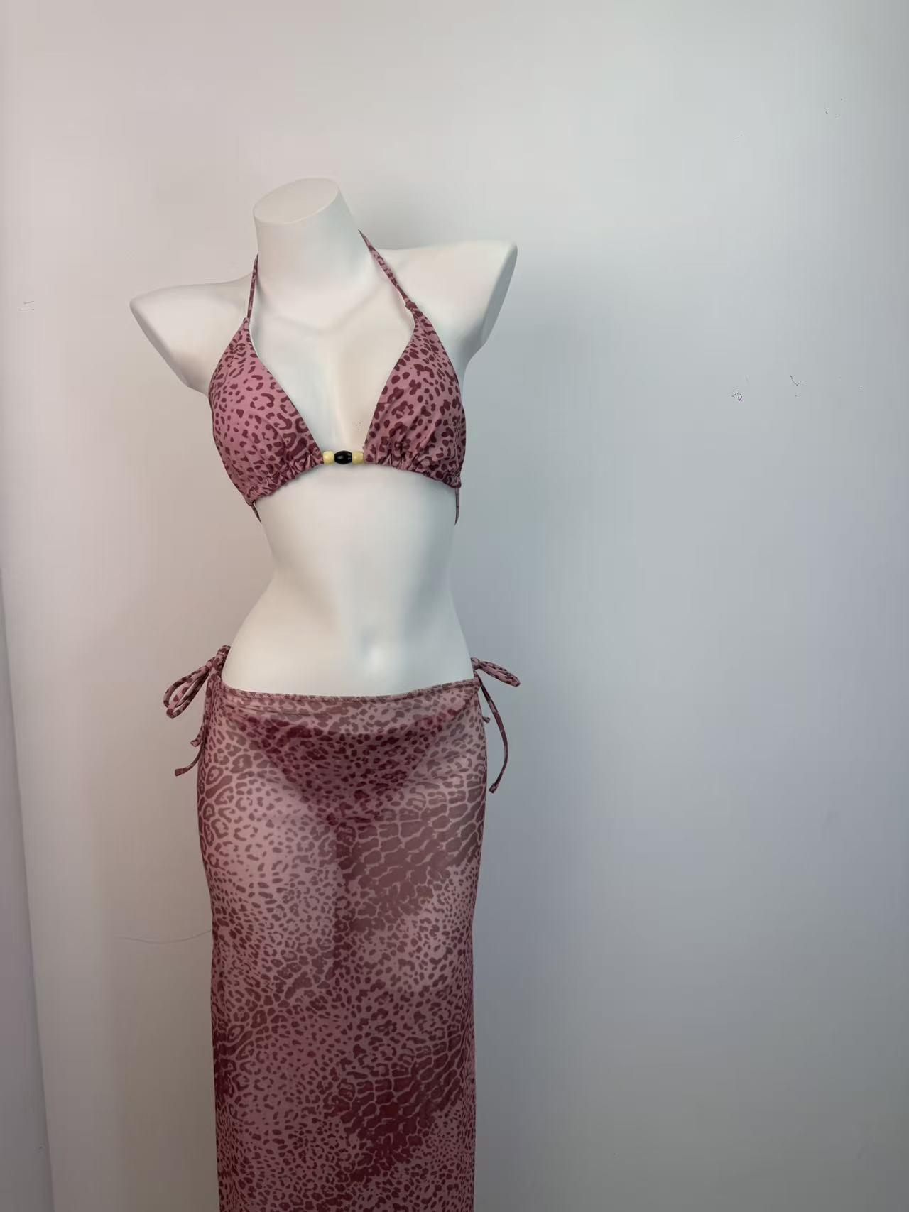 Женский европейский и американский кружевной бикини 2025: Сексуальный и стройнящий купальник-тройка Small леопардовый