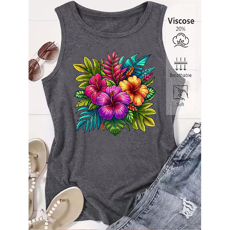 Elegant Vest for Women Tropical colorful hibiscus flower print casual loose summer vest Fashionable and elegant tops for commuting, vacation, and