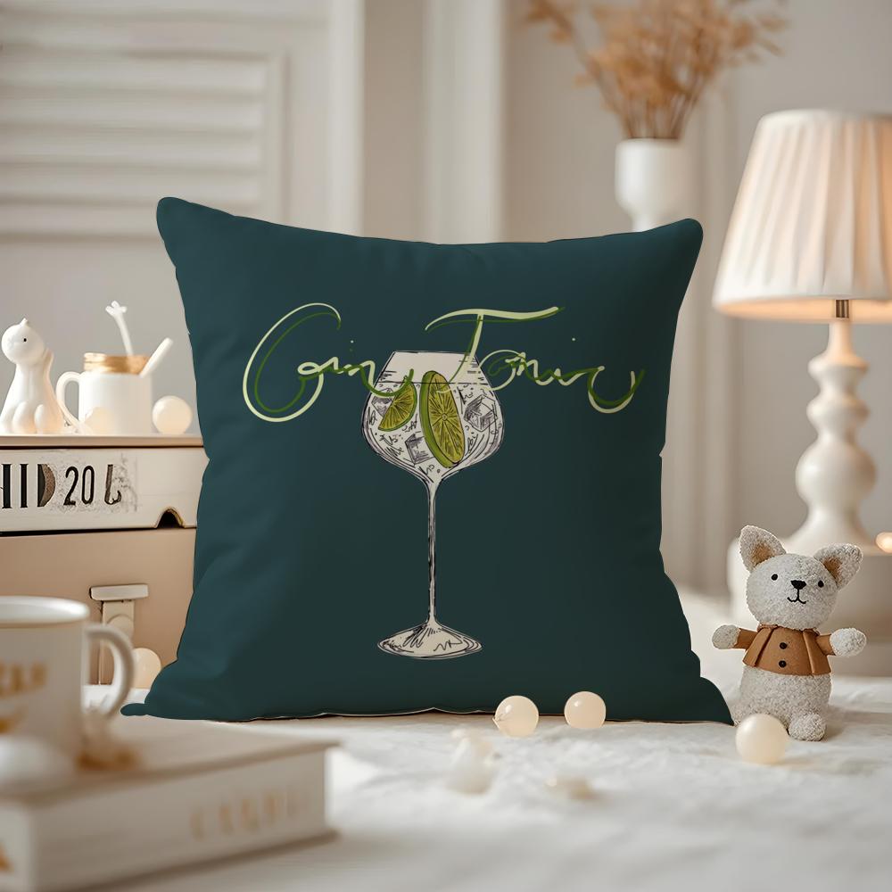 Gin& Tonic Cocktail Painting Cushion Cover Anti-dustmite Pillowcase Invisible Zipper Silky Short Plush Sofa Cushion Cover