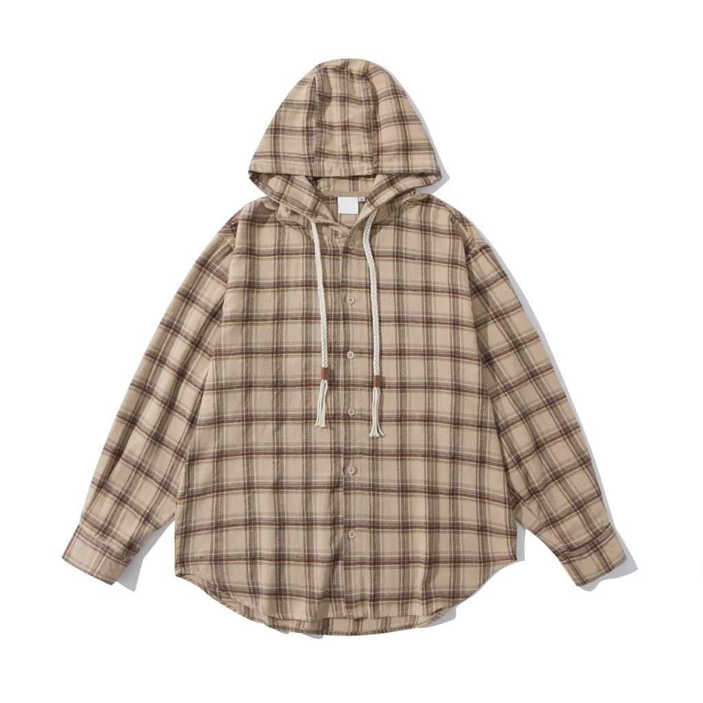 Άνοιξη και Φθινόπωρο Νέο Bsapa Ρετρό Πουκάμισο με Κουκούλα σε Καρό Ιαπωνικού Στυλ Ανδρικό Φαρδύ Μοντέρνο Πουκάμισο για Ζευγάρια Παλτό