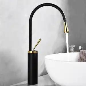 Golden Swan Neck Faucet, High Arc Deck Mount Tap for Bathroom Vanity & Kitchen Island, Cold & Hot Water Mixer