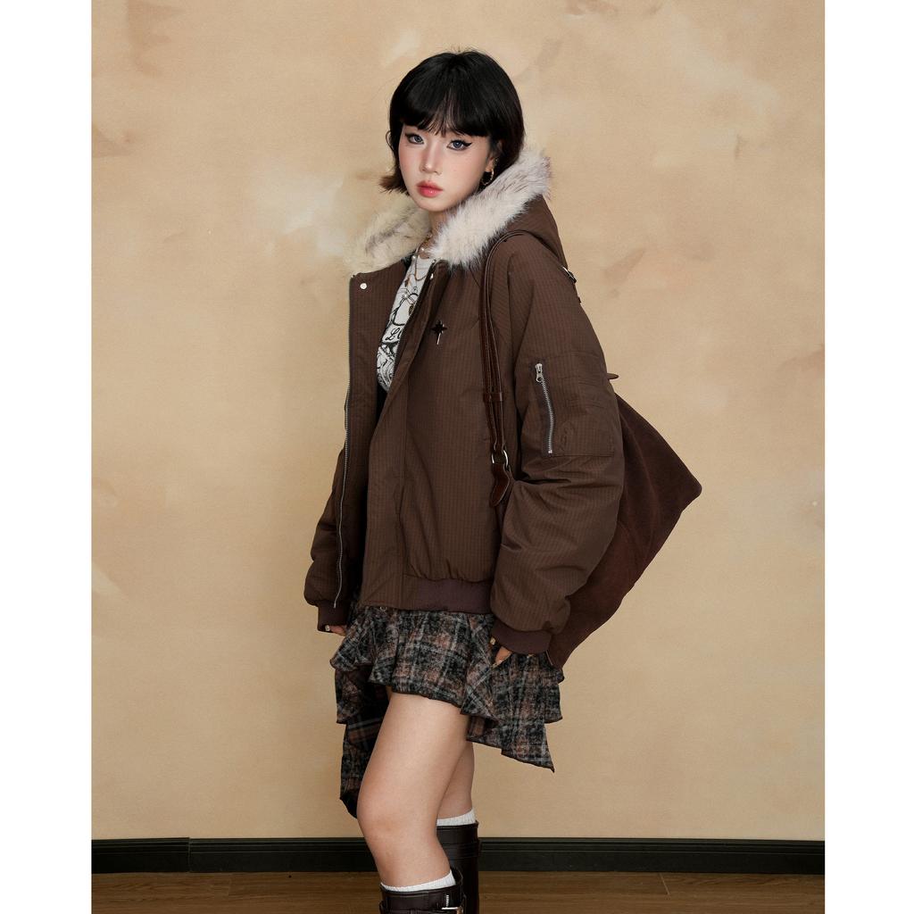 Women's Winter Warm Fur Collar Hooded Quilted Padded Jacket Brown Loose Causal Short Style Cotton-padded Coat