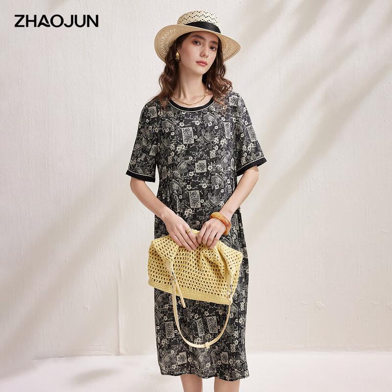 Zhaojun 2026 Summer Mulberry Silk Printed Half-Sleeve Dress L