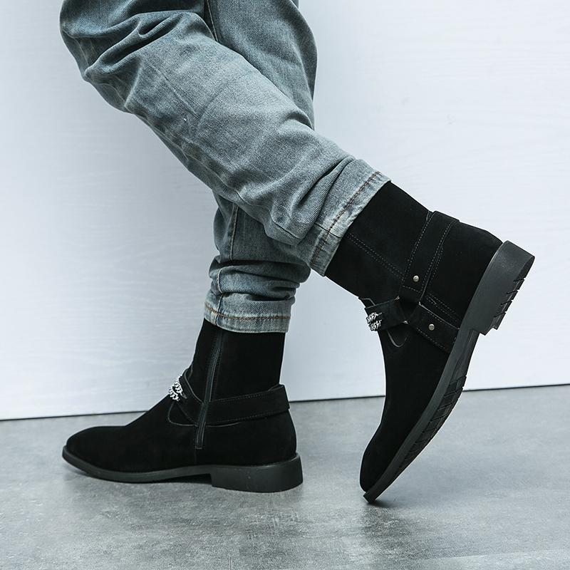 Mode Brittisk Stil Gata Höga Handgjorda Stövlar Spänne Ring Rem Herrs Chelsea Boots Affärs Mockaläder Bankett Sele Stövlar