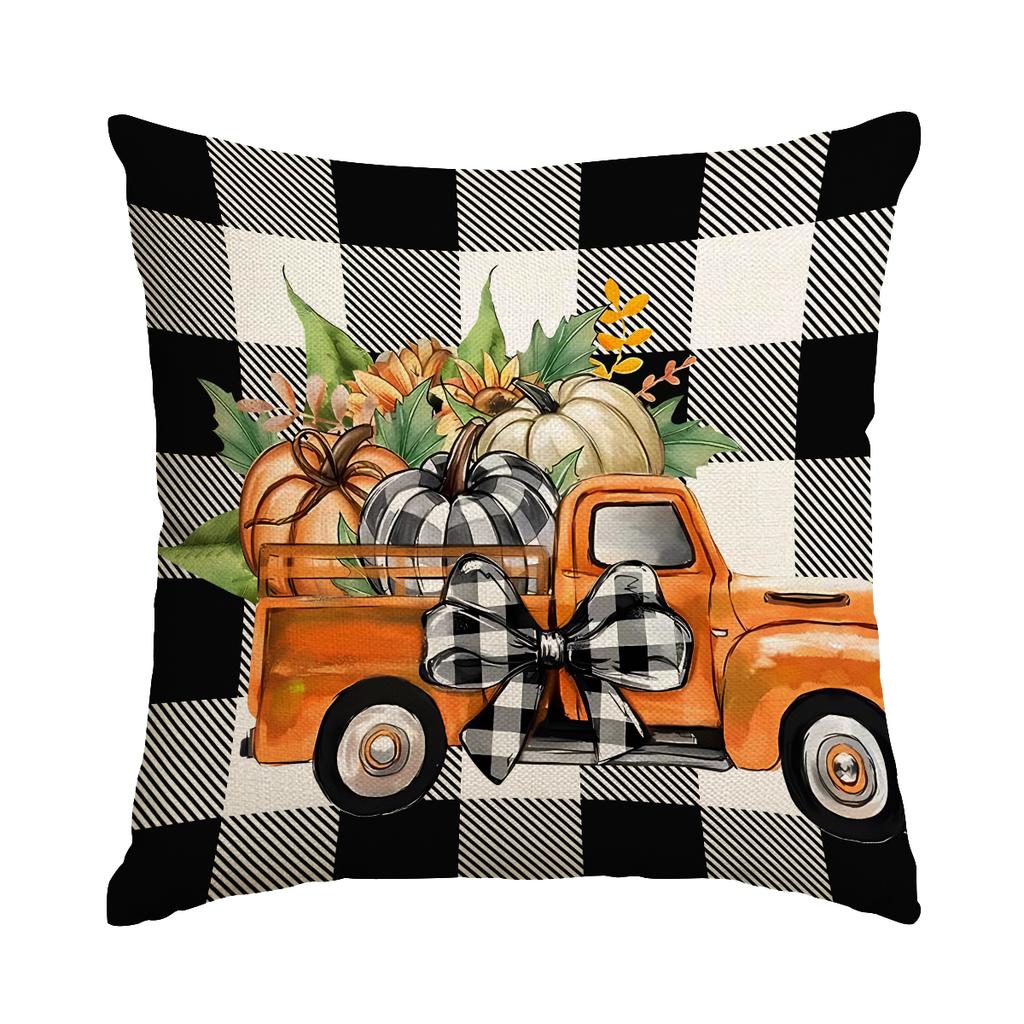 1 \ 4Pcs Autumn Thanksgiving Pillow Cover With Bow Truck Pattern Backrest Cover, Suitable For Room Living Room (No Pillow Core)