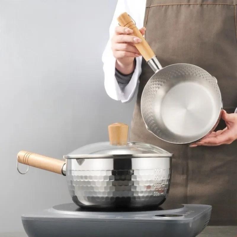 20cm Stainless Steel Soup Pot Japanese-Style Snow Pot Wooden Handle Stew Pot Milk Pot Kitchen Cookware Flat Bottom Non-Stick Wok
