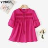 VONDA Women Summer Bow Kont Round Neck Lace Crochet Patchwork Casual Ruffled Blouse