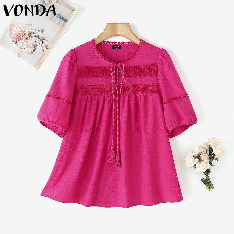 VONDA Women Summer Bow Kont Round Neck Lace Crochet Patchwork Casual Ruffled Blouse
