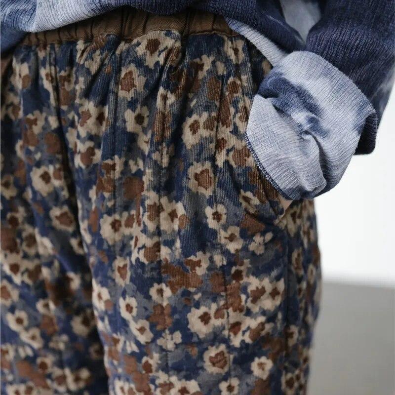 Johnature Women Vintage Corduroy Print Floral Wide Leg Pants Plus Cotton Trouser Winter Elastic Waist High Quality Pants