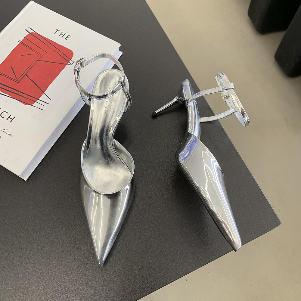 Fashion Gold Black Silver White Women Sandals Pointed Toe Summer Dress Shoes Thin High Heels Ankle Strap Sexy Party Gladiator Slides 39