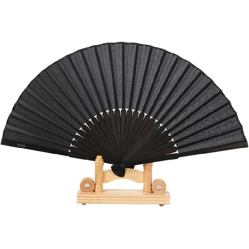 Minelife Tkocisa 2 Pack Bamboo Silk Folding Fan Handheld, Chinese Vintage Retro Fabric Fans, Black Hand Fan for Performance, Dance, Fighting,