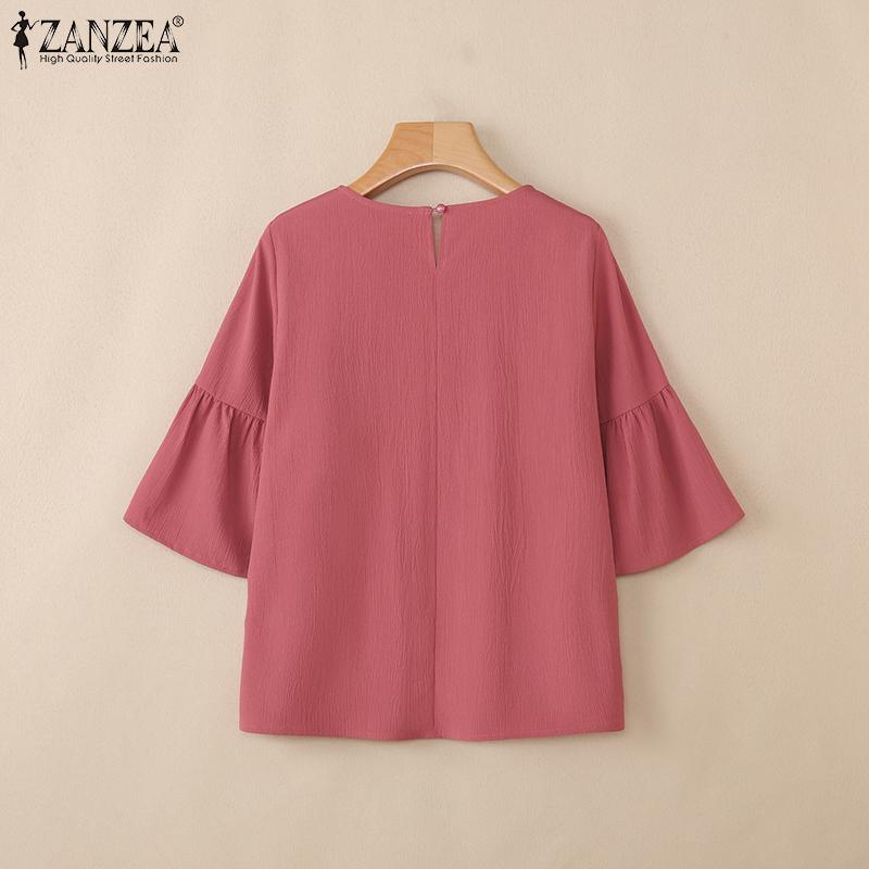 ZANZEA Women Casual Round Neck Loose 3/4 Sleeve Solid Blouse