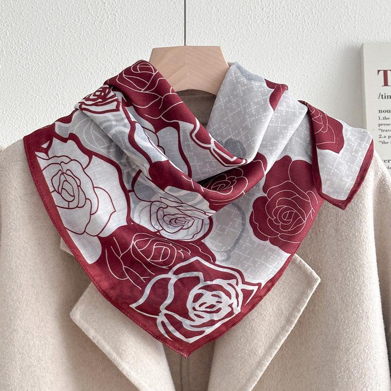 Chinese Camellia Red Cotton and Linen Feel Scarf Women's Small Square Scarf Spring, Autumn and Winter Thin Neck Multifunctional Scarf
