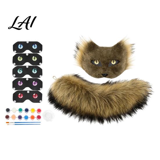 Comfy Fluffy Masque for Parties DIY Therian Kit Plush Furry Fox/Cat Animals with Realistic Fox Tail Eye Mesh Christmas Halloween Masquerade Cosplay