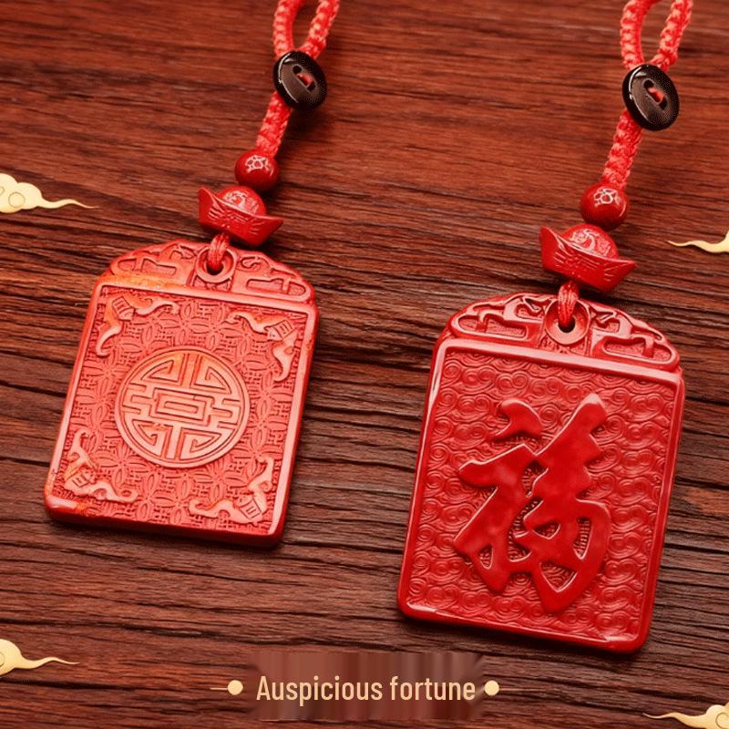 Pingente Auspicioso de Cinábrio com Caractere Fu e Chaveiro para Homens e Mulheres