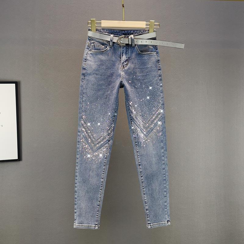 Europäische Skinny Jeans mit Strasssteinen und Hoher Taille für Damen - Sommerkollektion 2025, Slim Fit Cropped Gerade geschnitten