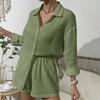 2 Teile/satz Frauen Hemd Shorts Set Einfarbig Lange Ärmel Revers Kragen Einreiher Bluse Hohe Taille Lose Über Knie Länge