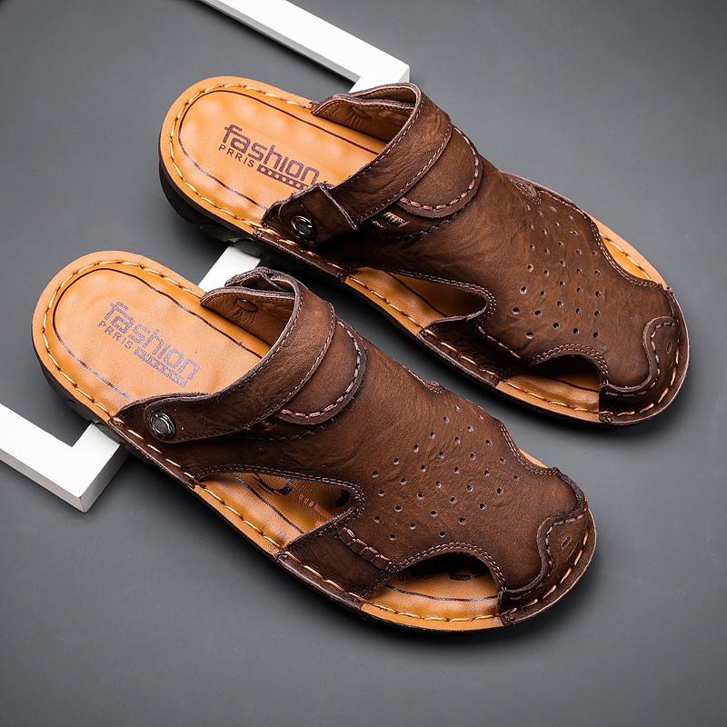 Cool Slippers Men'S Outdoor Fashion Cowhide Beach Shoes Breathable Bag Head Hole Shoes