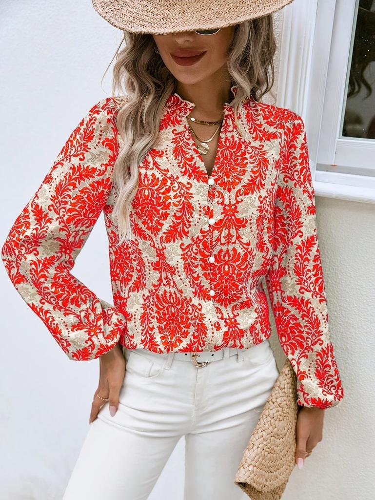 European and American Printed Shirt Women's Vacation Casual Long-sleeved Top 1D Printed Shirt Women