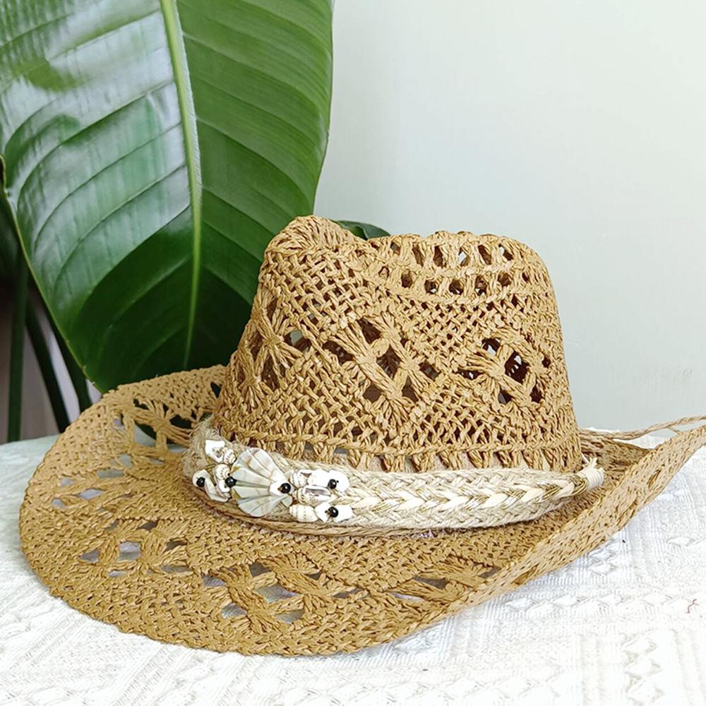 Cappello da cowboy in paglia da donna cappello da spiaggia cappello jazz con accessori da fornaio moda estate