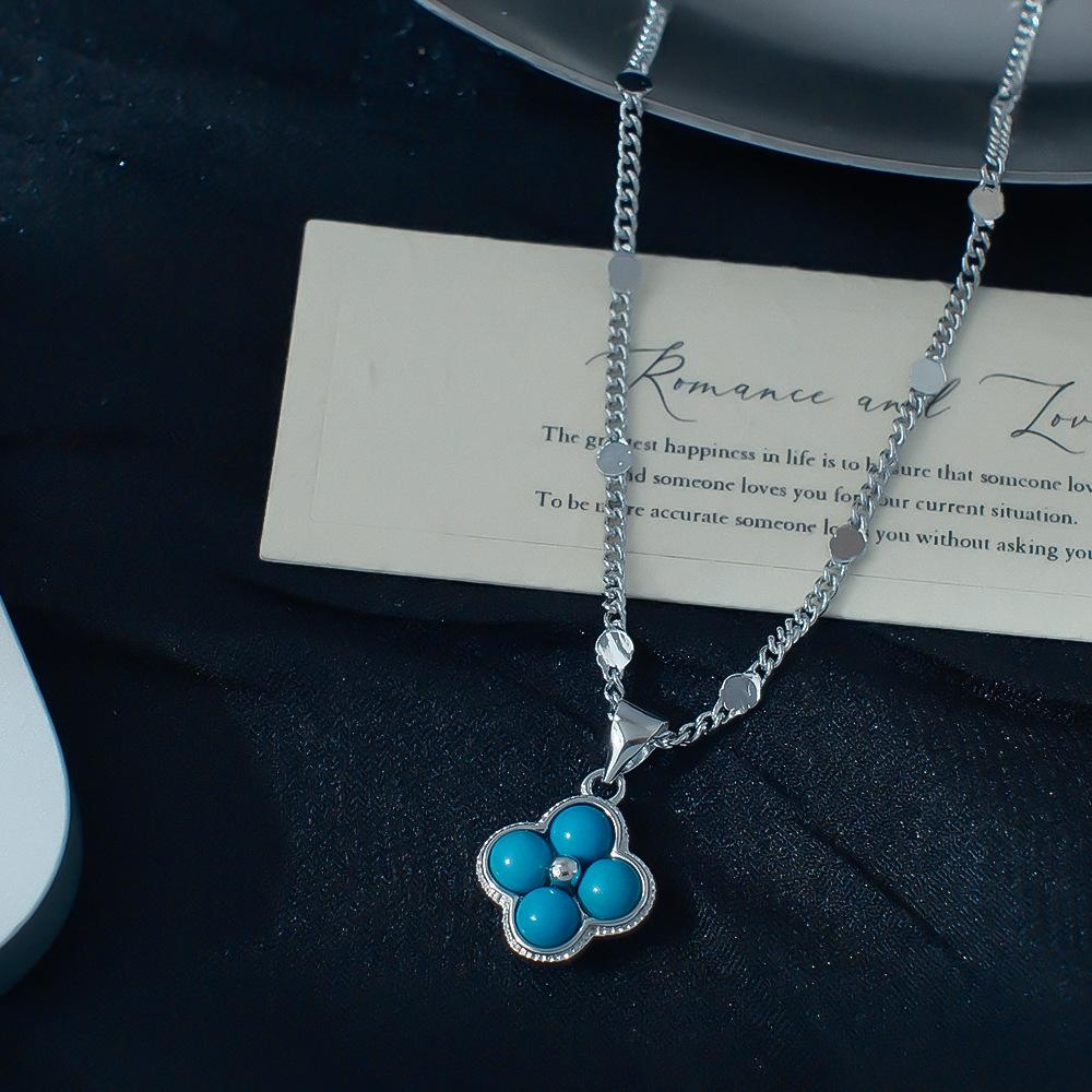 Imitation Turquoise Lucky Four Leaf Clover Copper Clavicle Chain Minimalist