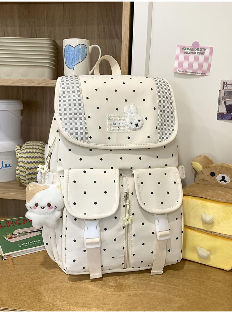Schoolbag Korean Soft Cute Polka Dot Plaid Rabbit Backpack Cream Color Fresh College Style Junior High School Student Backpack