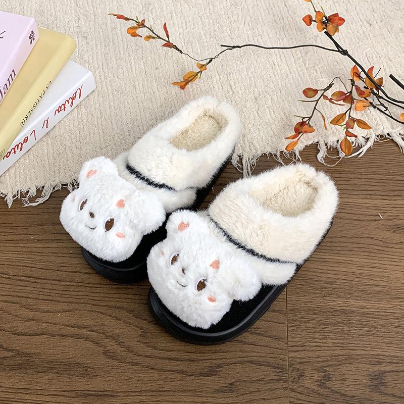 Cute Plush Bear Winter 2025 New Warm Indoor and Outdoor Wear Winter Thick Bottom Home Wear Cotton Slippers Women