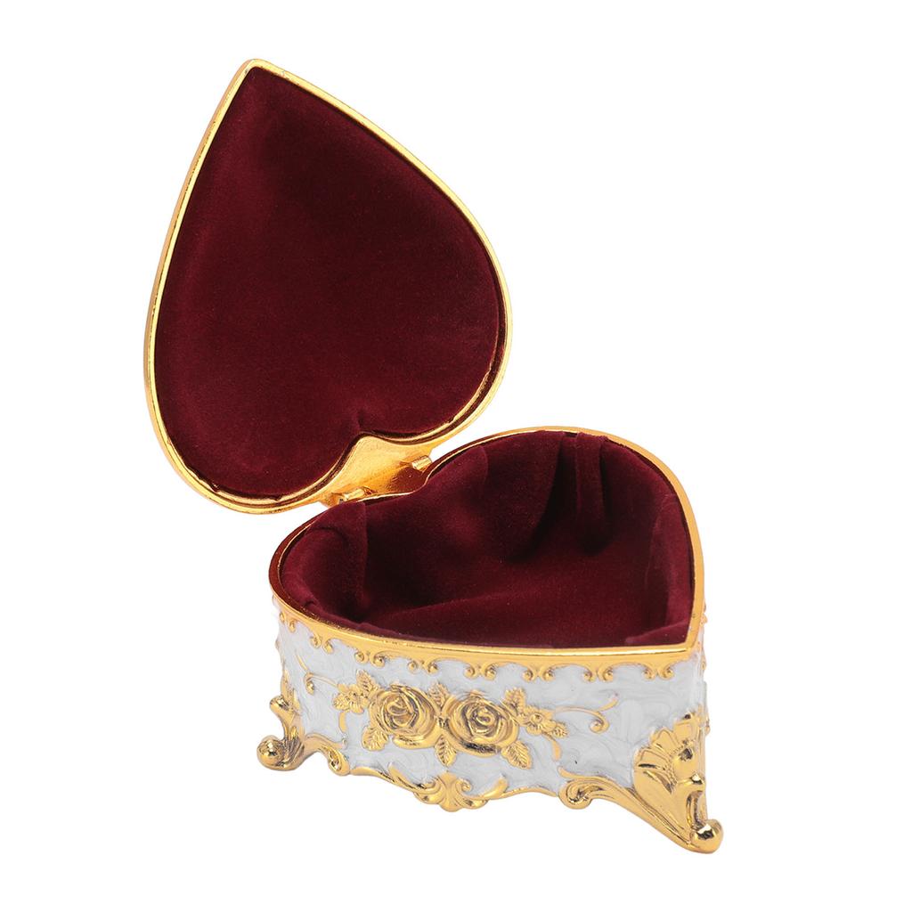 Small Jewelry Box Heart Shape Vintage Decorative Box Zinc Alloy Storage Container for Accessories and Gifts White
