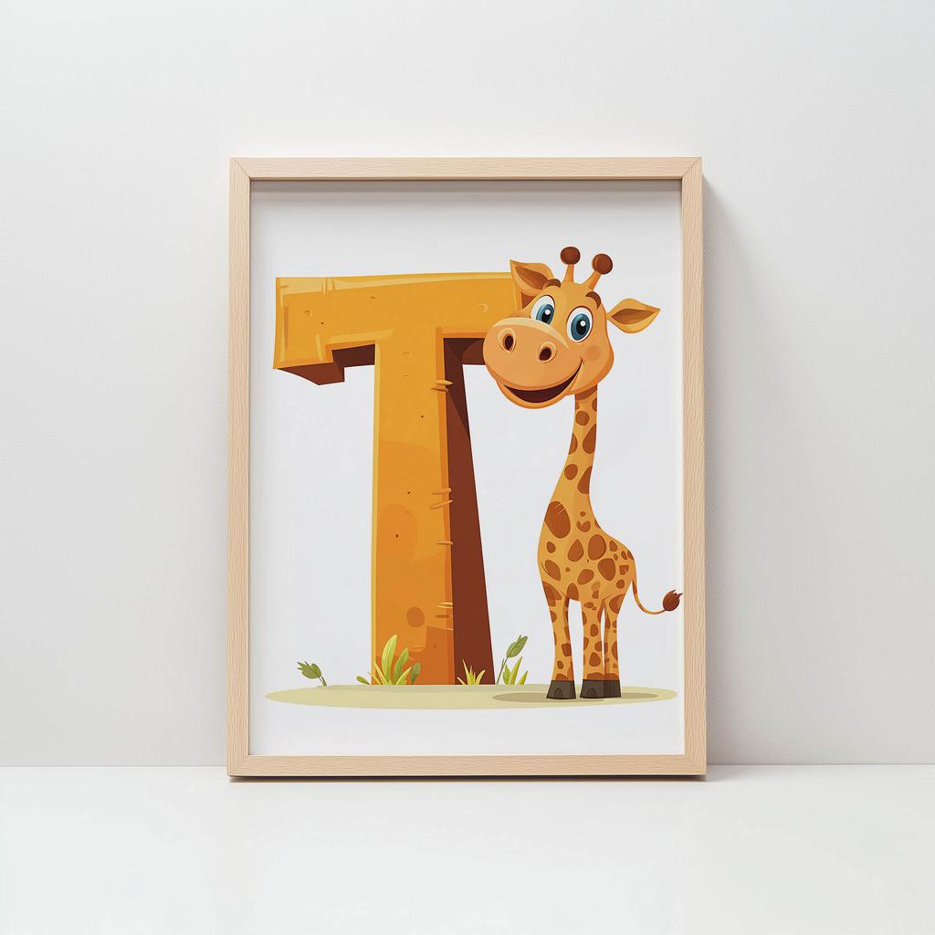 Poster Lächelnde Giraffe mit dem Buchstaben T Poster Lächelnde Giraffe mit dem Buchstaben T, 30X40 cm, Holzrahmen Dunkelbraun, Mattpapier 230 g/m²