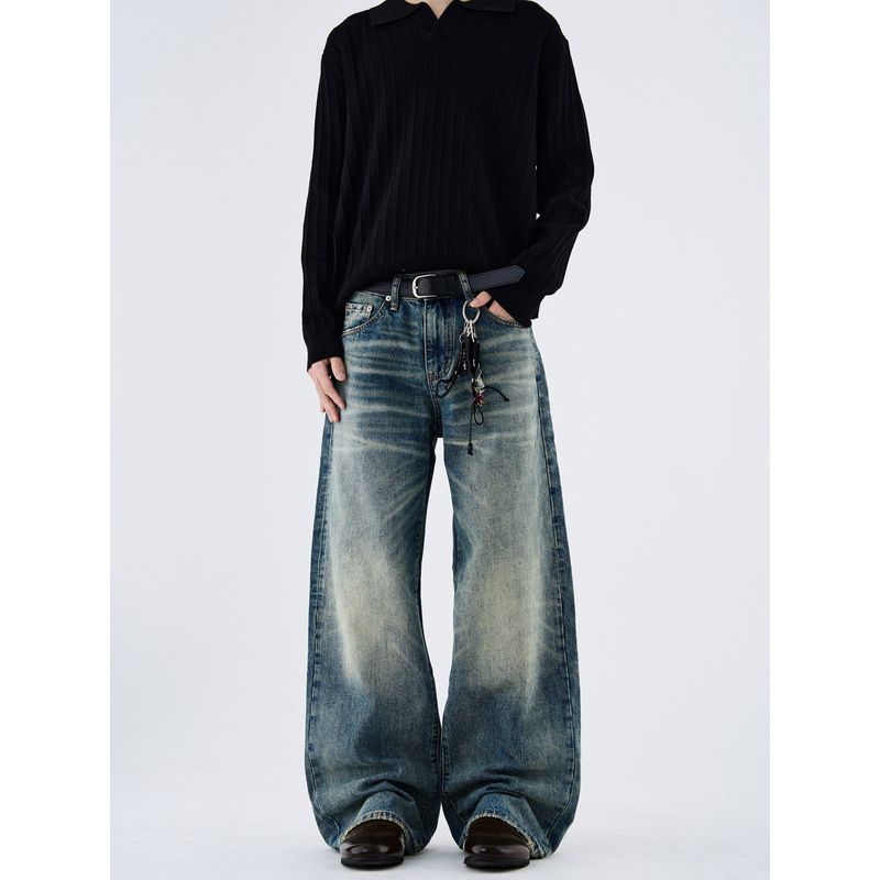 Kisko American High Street Washed Vintage Whiskered Straight-Leg Jeans Unisex Trendy Brand Cool Casual Vibe Pants