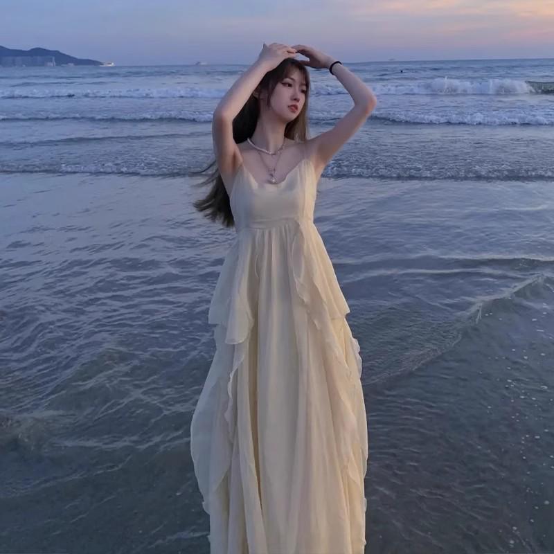 White Spaghetti Strap Summer Beach Dress: Long Fairy Vacation Dress