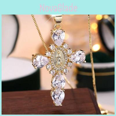 Elegant Multi-colored Rhinestone Virgin Mary Cross Pendant Necklace For Women Gift