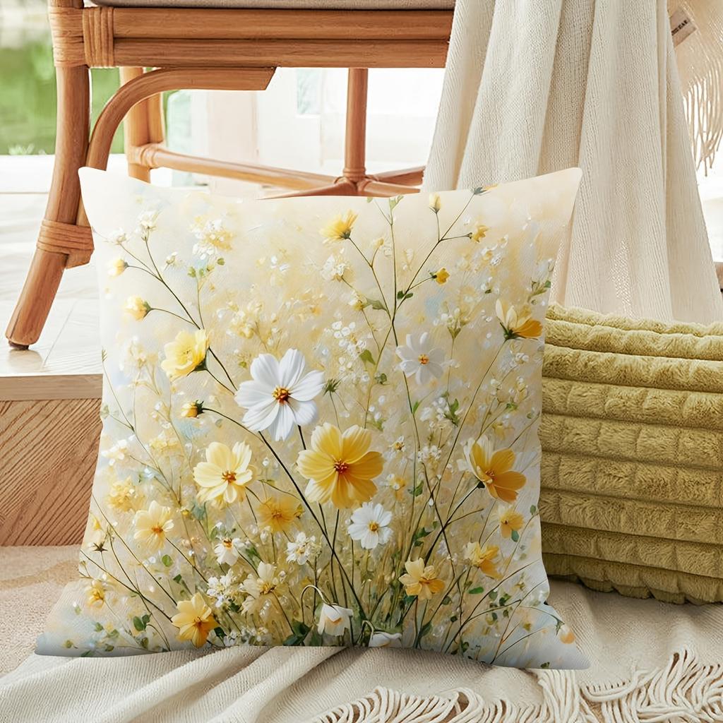 Federa Cuscino Decorativo Floreale Botanico Giallo Margherita Acquerello, Morbido Pastello